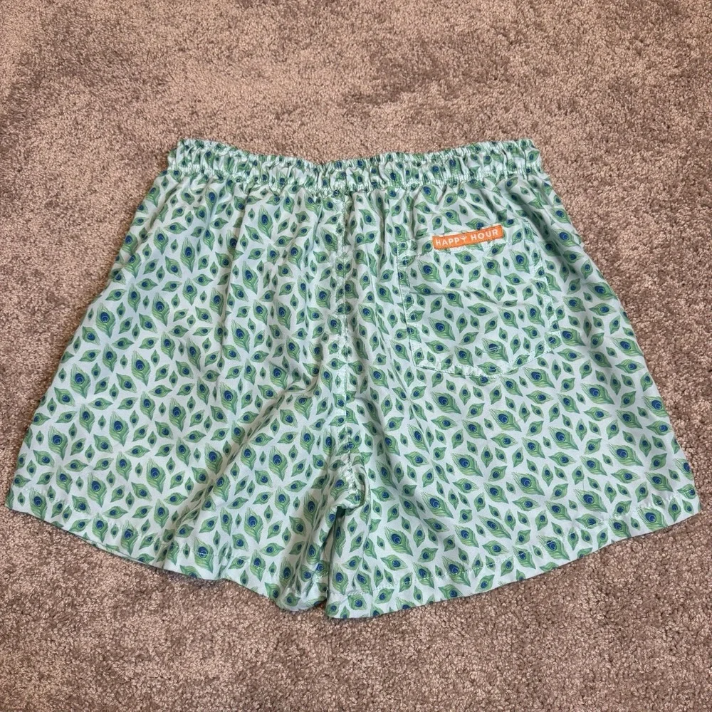 Happy Hour Bold Preppy Swim Trunks Mens Large Green Peacock Print Shorts‎